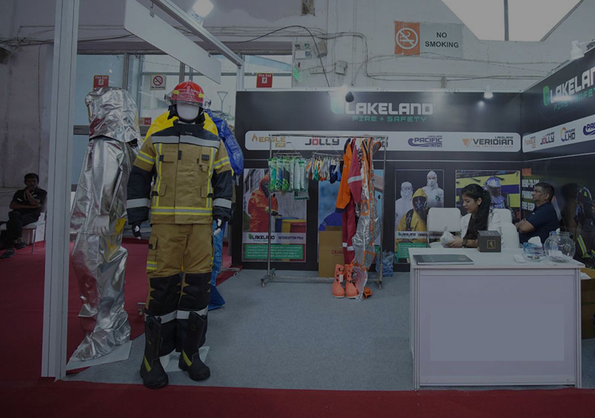 Fire and safety protective equipment displayed at an FSD Expo exhibition stand